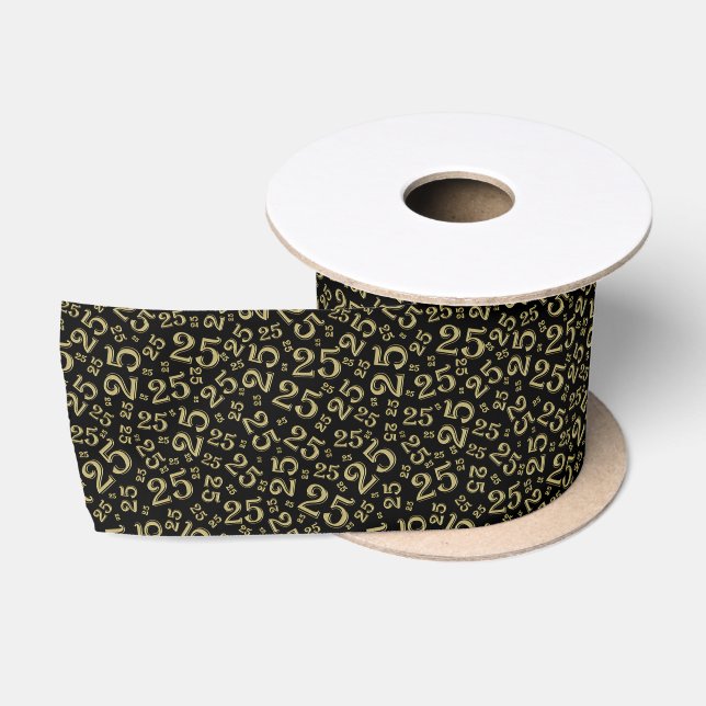 Modern 25th Birthday Number Pattern Black/Gold  Satin Ribbon (Spool)