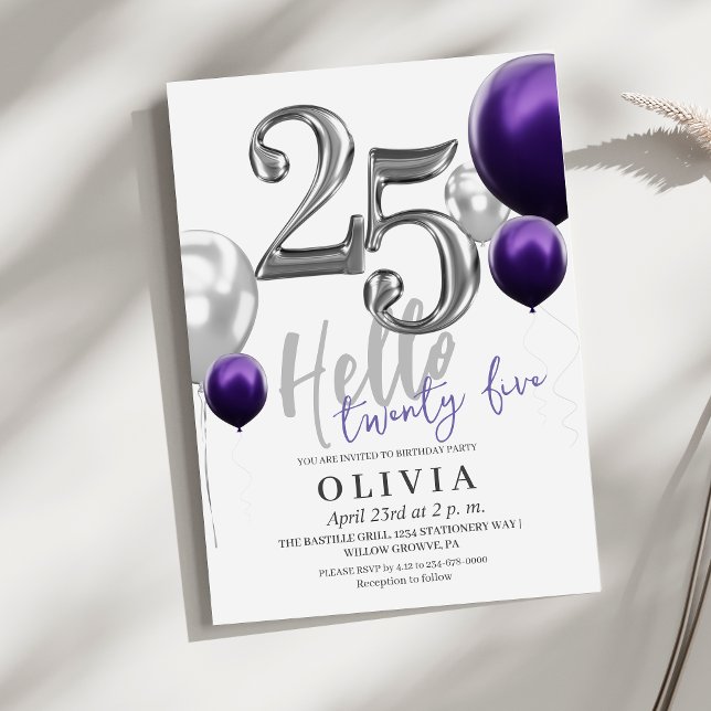 Modern 25th Birthday Party Silver Purple Balloons  Invitation (Creator Uploaded)