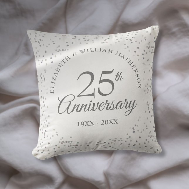 Modern 25th Wedding Anniversary Silver Confetti Cushion (Modern 25th Wedding Anniversary Silver Confetti Throw Pillow)