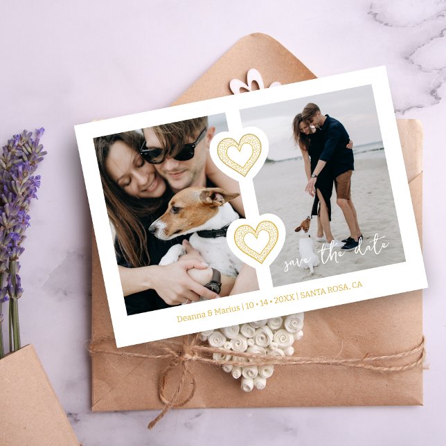 Modern 2 Multi Photos & 2 Lace Hearts White & Gold Save The Date (Modern 2 Multi Photos & 2 Fake Lace Hearts in White & Faux Golden Wedding Save the Date Card.)