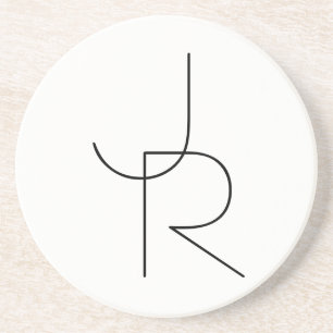 Modern 2 Overlapping Initials Black on White Coaster