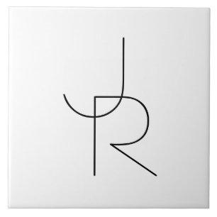 Modern 2 Overlapping Initials   Black on White Tile
