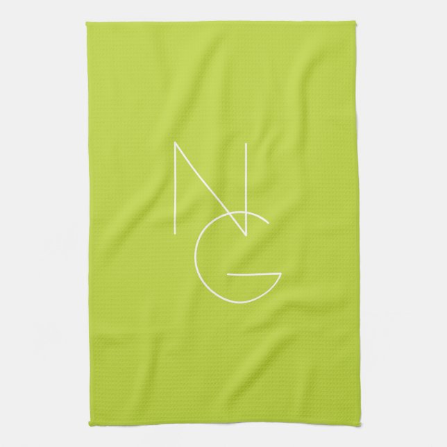 Modern 2 Overlapping Initials | Lime Green Tea Towel (Vertical)