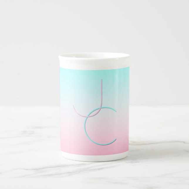 Modern 2 Overlapping Initials | Turquoise Pink Bone China Mug (Front)