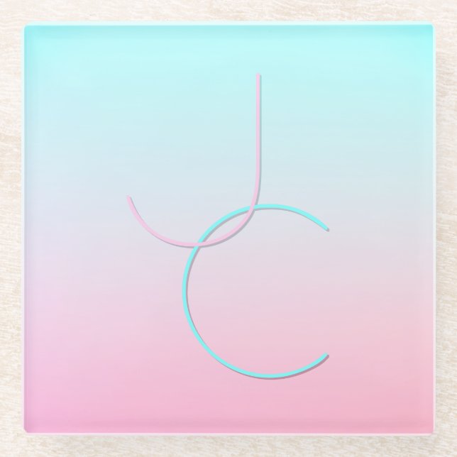 Modern 2 Overlapping Initials | Turquoise Pink Glass Coaster (Front)