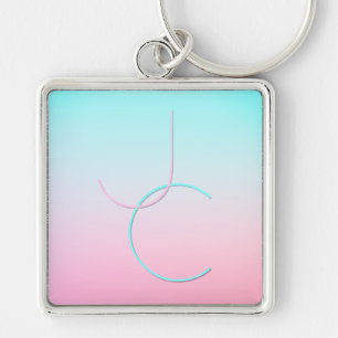 Modern 2 Overlapping Initials Turquoise Pink Key Ring