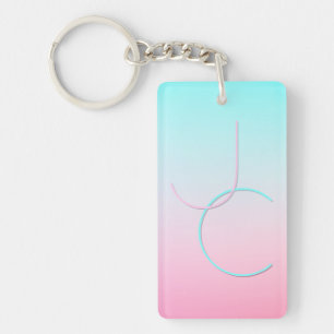 Modern 2 Overlapping Initials Turquoise Pink Key Ring