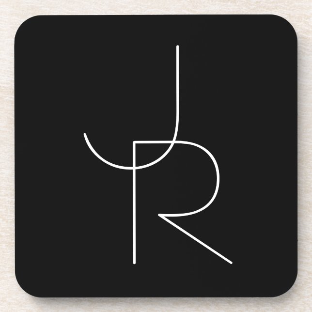 Modern 2 Overlapping Initials | White on Black Coaster (Front)