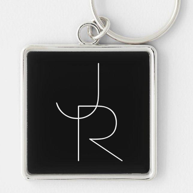 Modern 2 Overlapping Initials | White on Black Key Ring (Front)