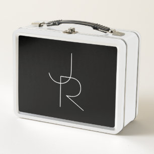 Modern 2 Overlapping Initials   White on Black Metal Lunch Box