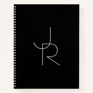 Modern 2 Overlapping Initials White on Black Notebook