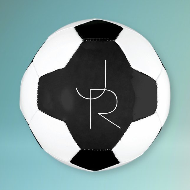 Modern 2 Overlapping Initials | White on Black Soccer Ball (Creator Uploaded)