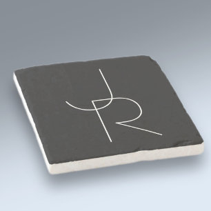 Modern 2 Overlapping Initials White on Black Stone Coaster