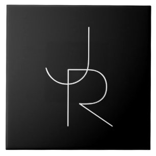 Modern 2 Overlapping Initials White on Black Tile