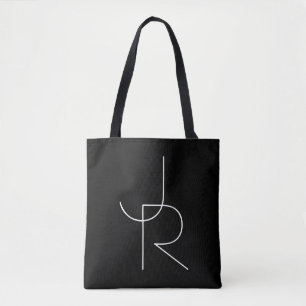 Modern 2 Overlapping Initials White on Black Tote Bag