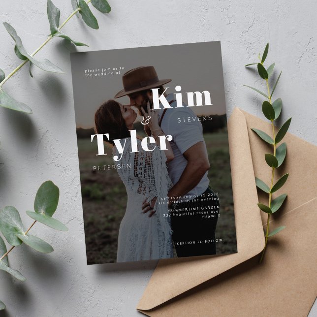 Modern 2 photo black and white typography wedding invitation (Creator Uploaded)