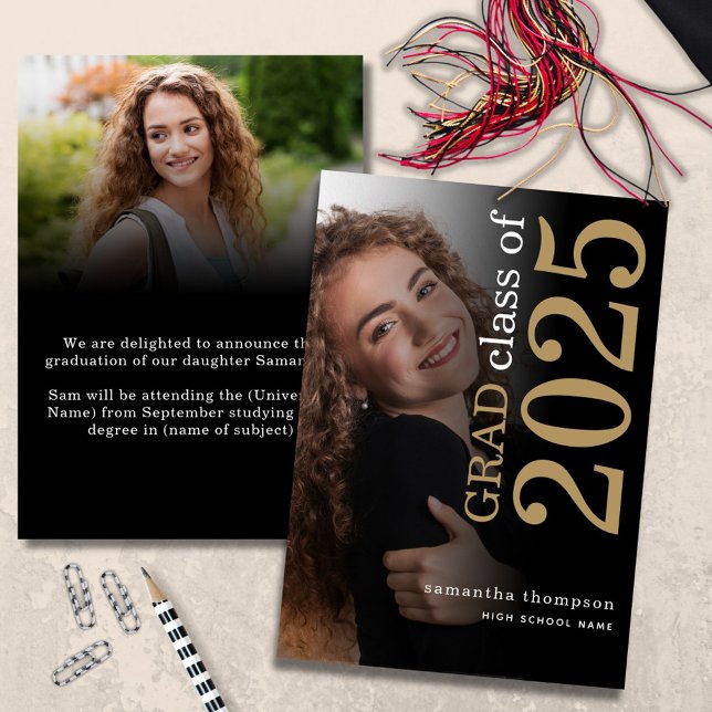 Modern 2 photo Black Gold 2025 Graduation  Announcement (front and back view)