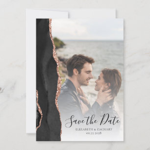 Modern 2-Photo Black Rose Gold Agate Save the Date