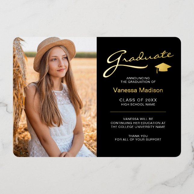 Modern 2 Photo Black White & Gold Foil Grad Card (Front)