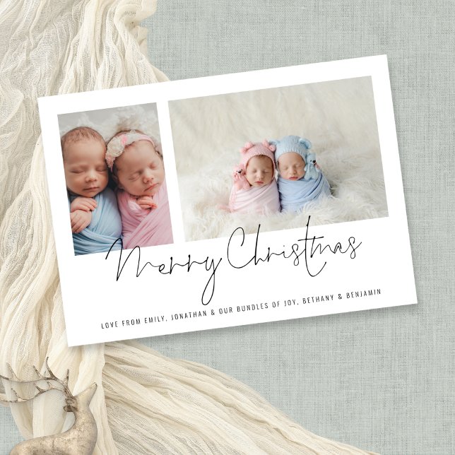 Modern 2 Photo Collage Baby Twins First Christmas Holiday Card (Creator Uploaded)