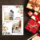 Modern 2 Photo Collage Winter Botanicals Christmas Holiday Card<br><div class="desc">This modern two photos winter botanicals Christmas holiday postcard features beautiful watercolor foliage of green leaves and red berries, a collage of two of your favourite photographs, and modern typography in festive red colour. Create your own Merry Christmas postcards by clicking on the ´´Personalise´´ button and changing the custom text...</div>