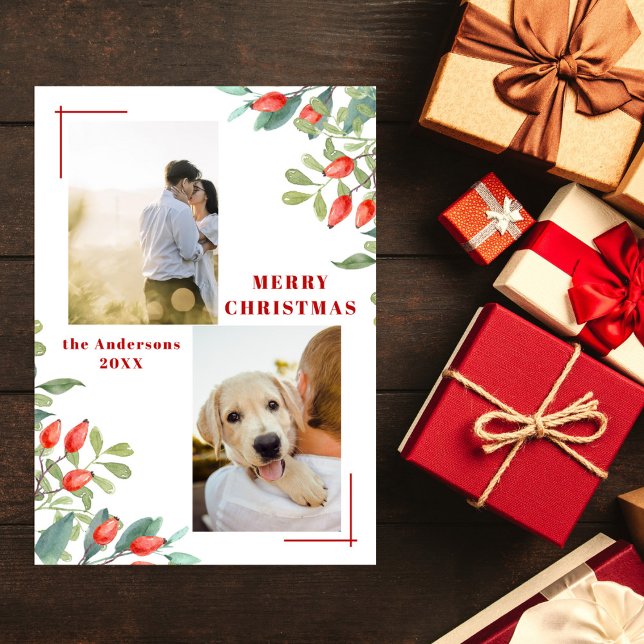 Modern 2 Photo Collage Winter Botanicals Christmas Holiday Card (Creator Uploaded)