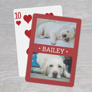 Modern 2 Photo Dog or Any Name Red and White Playing Cards