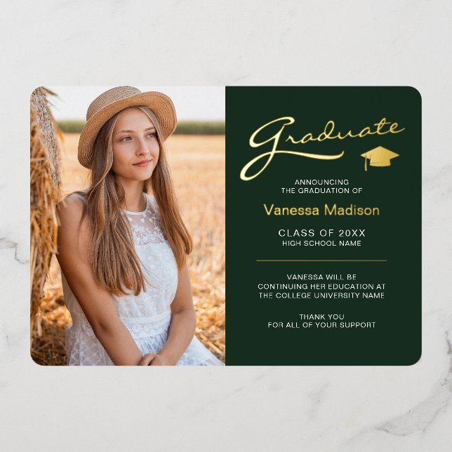 Modern 2 Photo Forest Green & Gold Foil Grad Card (Front)