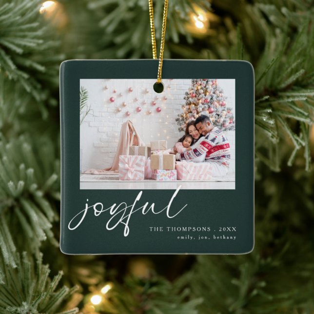 Modern 2 Photo Joyful Script Christmas Green  Ceramic Ornament (Tree)
