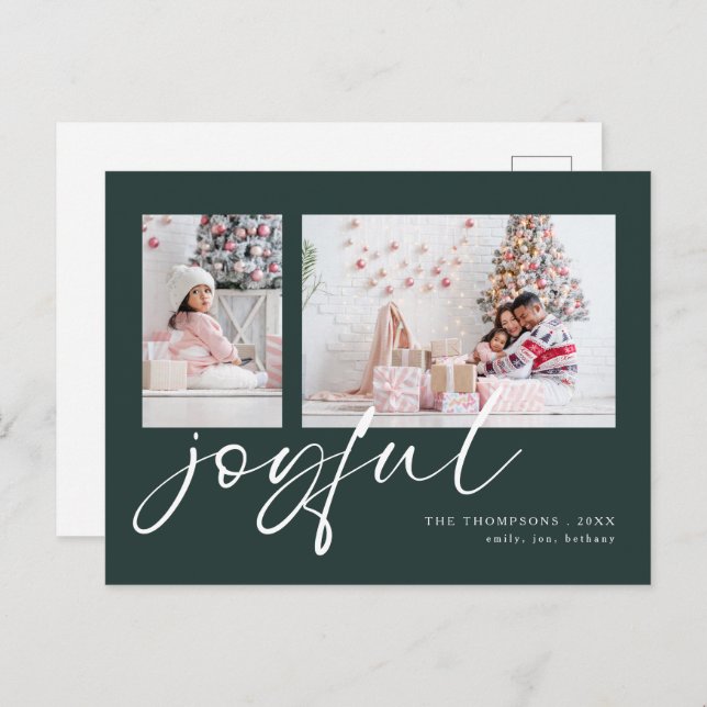 Modern 2 Photo Joyful Script Christmas Green Holiday Postcard (Front/Back)