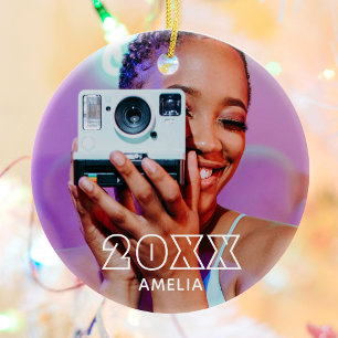 Modern 2 Photo Name Retro Christmas Holiday Ceramic Tree Decoration