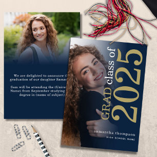 Modern 2 photo Navy Gold 2025 Graduation Announcement