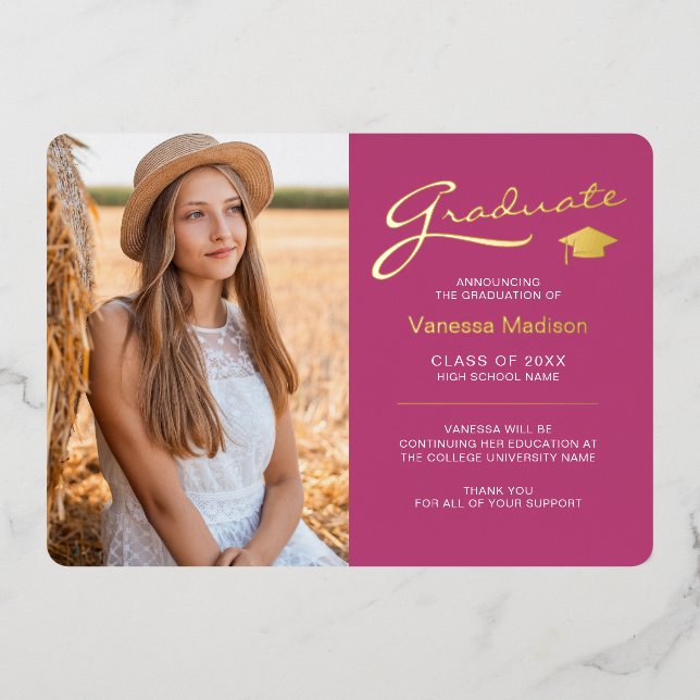 Modern 2 Photo Pink White & Gold Foil Grad Card (Front)