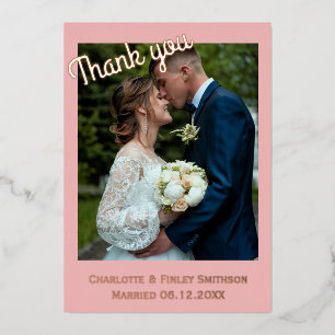 Modern 2 photo rose  foil wedding thank you card