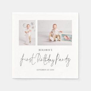 Modern 2 Photo Script First Birthday Party Napkin
