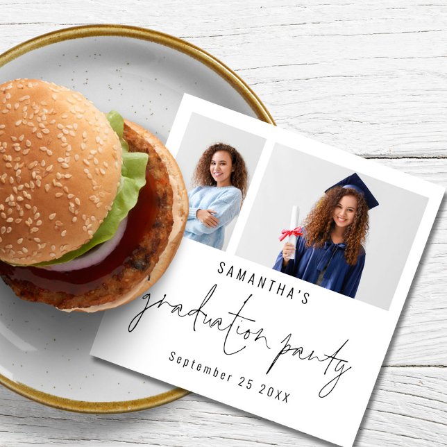 Modern 2 Photo Script Name Date Graduation Party  Napkin (Creator Uploaded)