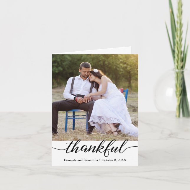 Modern 2 photo script thankful Wedding Thank You Card (Front)
