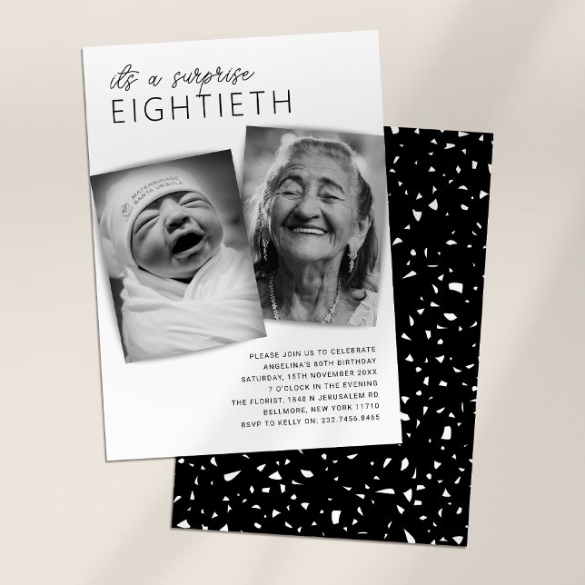 Modern 2 Photo Surprise 80th Birthday Party Invitation (Creator Uploaded)