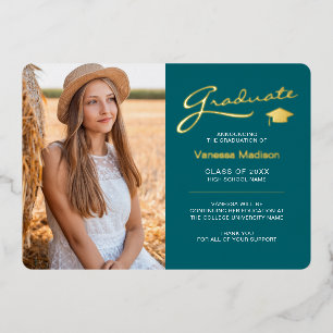 Modern 2 Photo Teal White & Gold Foil Grad Card