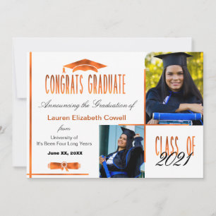 Modern 2 Photo White & Orange Grad Announcement