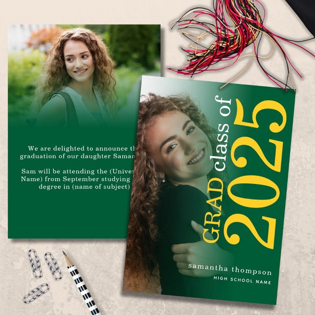 Modern 2 photo Yellow Green 2025 Graduation Announcement (front and back page)