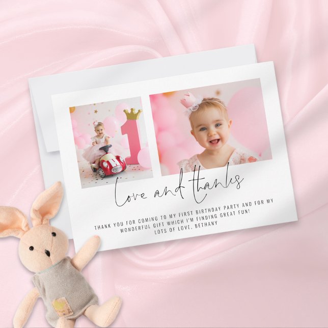 Modern 2 Photos 1st Birthday Love and Thanks card (Creator Uploaded)