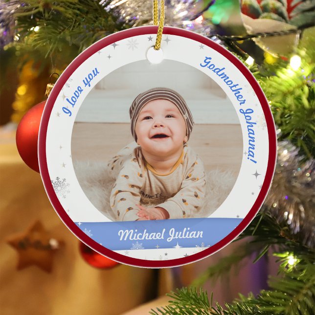 Modern 2 Photos Baby Boy 1st Christmas Godmother Ceramic Tree Decoration (Modern Elegant Cute First Christmas Baby I love you Godmother Name 2 Photos Snowflakes Stars Red)