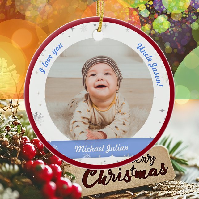 Modern 2 Photos Baby Boy First Christmas Uncle Ceramic Tree Decoration (Modern Elegant Cute First Christmas Baby I love you Uncle Name 2 Photos Snowflakes Stars Red Frame)