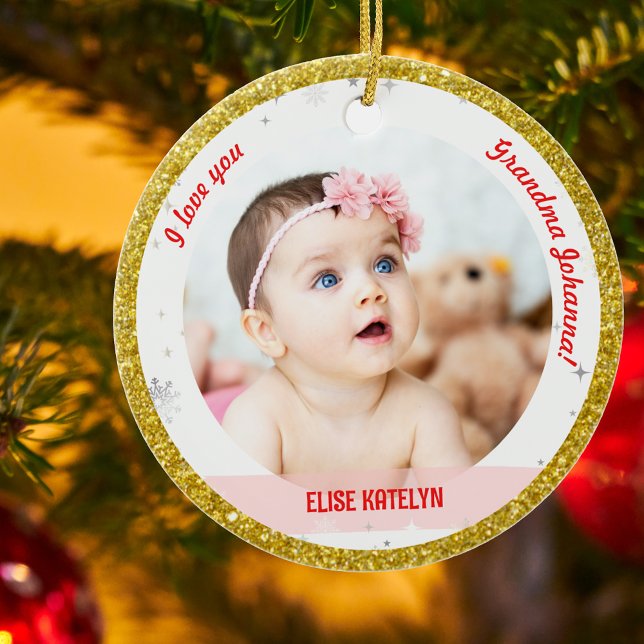 Modern 2 Photos Baby Girl First Christmas Grandma  Ceramic Tree Decoration (Modern Elegant Cute I love you, Grandma! First Christmas Baby Girl Name 2 Photos Golden Faux Glitter)