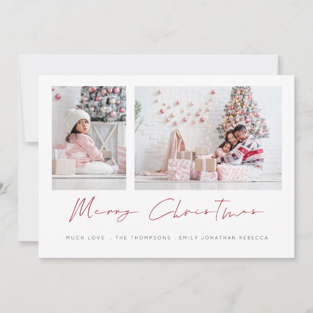 Modern 2 Photos Handwriting Script Merry Christmas Holiday Card (Front)
