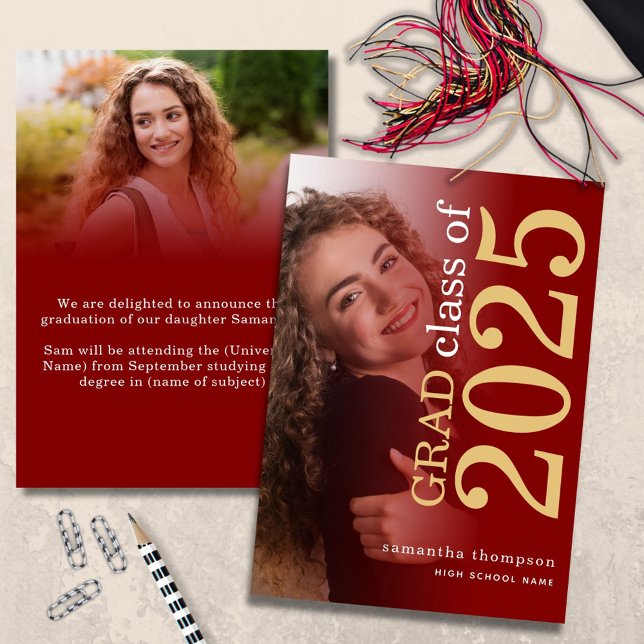 Modern 2 photos Maroon Gold 2025 Graduation Announcement (front and back view)