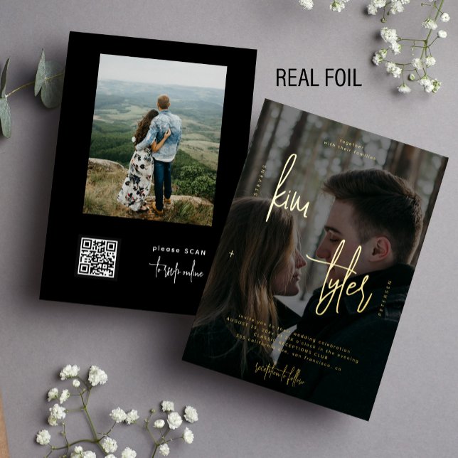 Modern 2 photos QR CODE rose gold script wedding (Creator Uploaded)