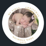 Modern 2-sided My First Christmas Snowflake Photo  Classic Round Sticker<br><div class="desc">Sweet modern design features Baby's Photo with the words "My First Christmas",  name,  and year in gold colour typography.  Snowflakes over your awesome picture,  adds a special keepsake bonus for the Holiday Season.</div>