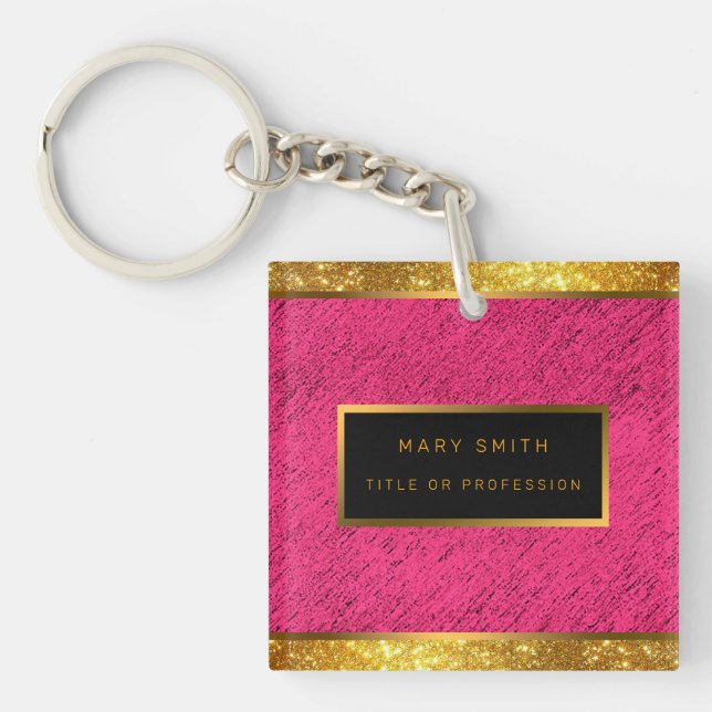 Modern 2in1 Gold Glitter Pink Business Card & Key Ring (Front)